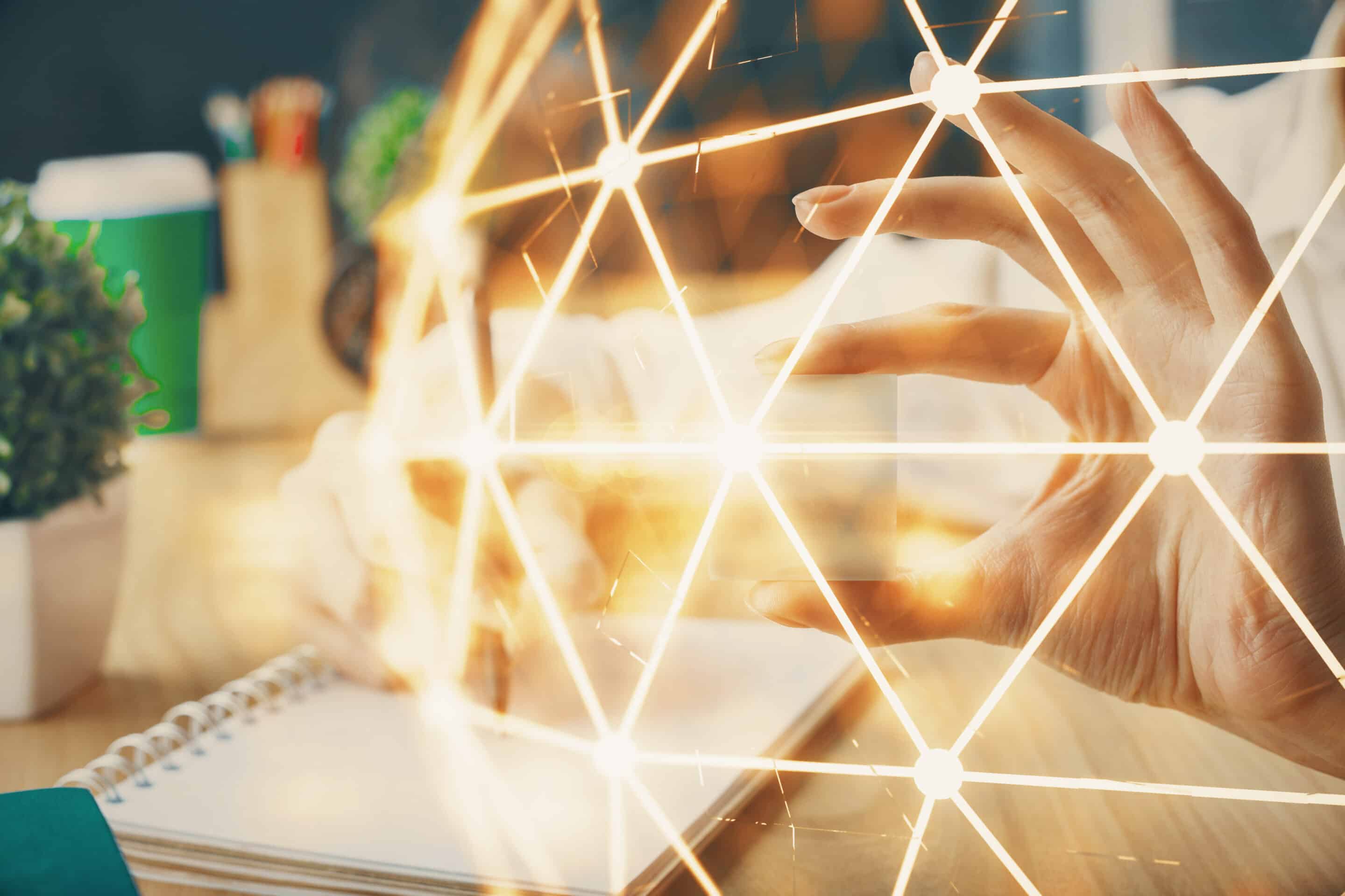 Social network theme hologram over woman's hands writing background. Concept of international people connect. Double exposure